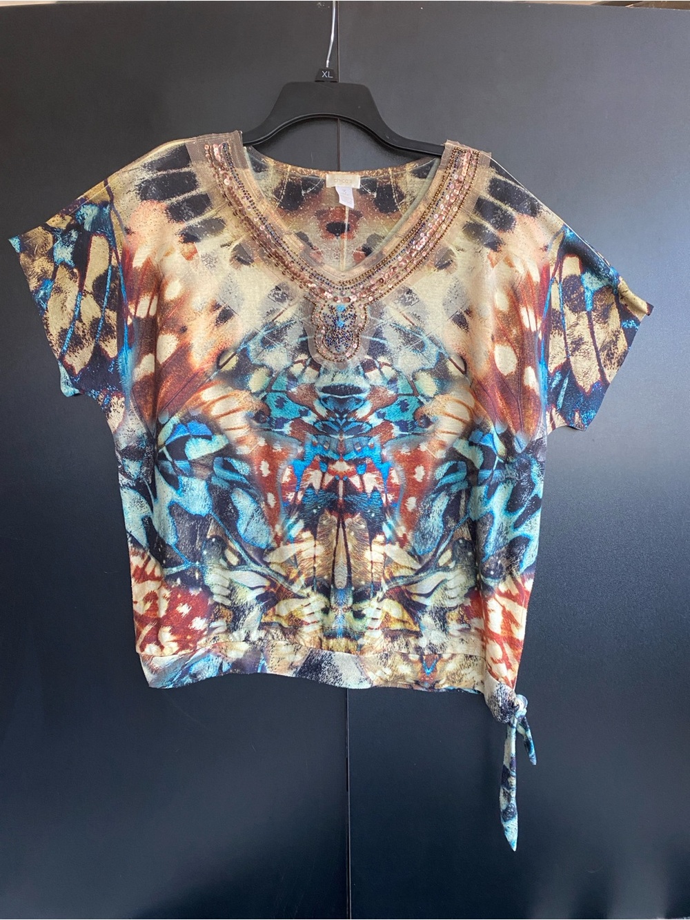 Chico's Multicolor Butterfly-Print Beaded V‑Neck Crop Top with Side Tie